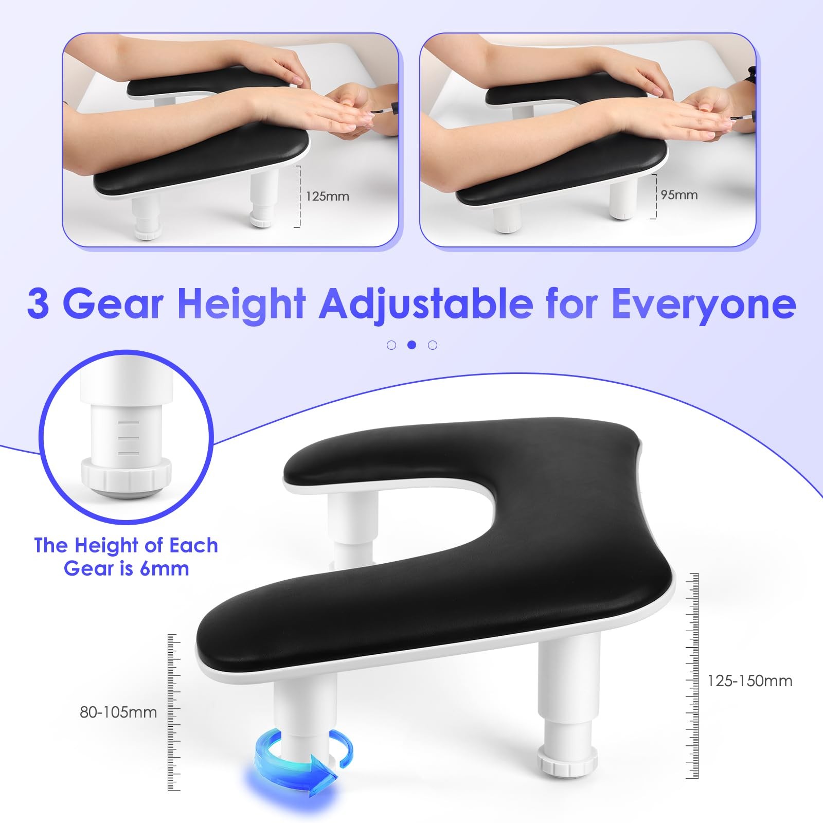 Manicure Arm Rest for Nails Tech: U-shaped Adjustable Nail Armrest – Black PU…