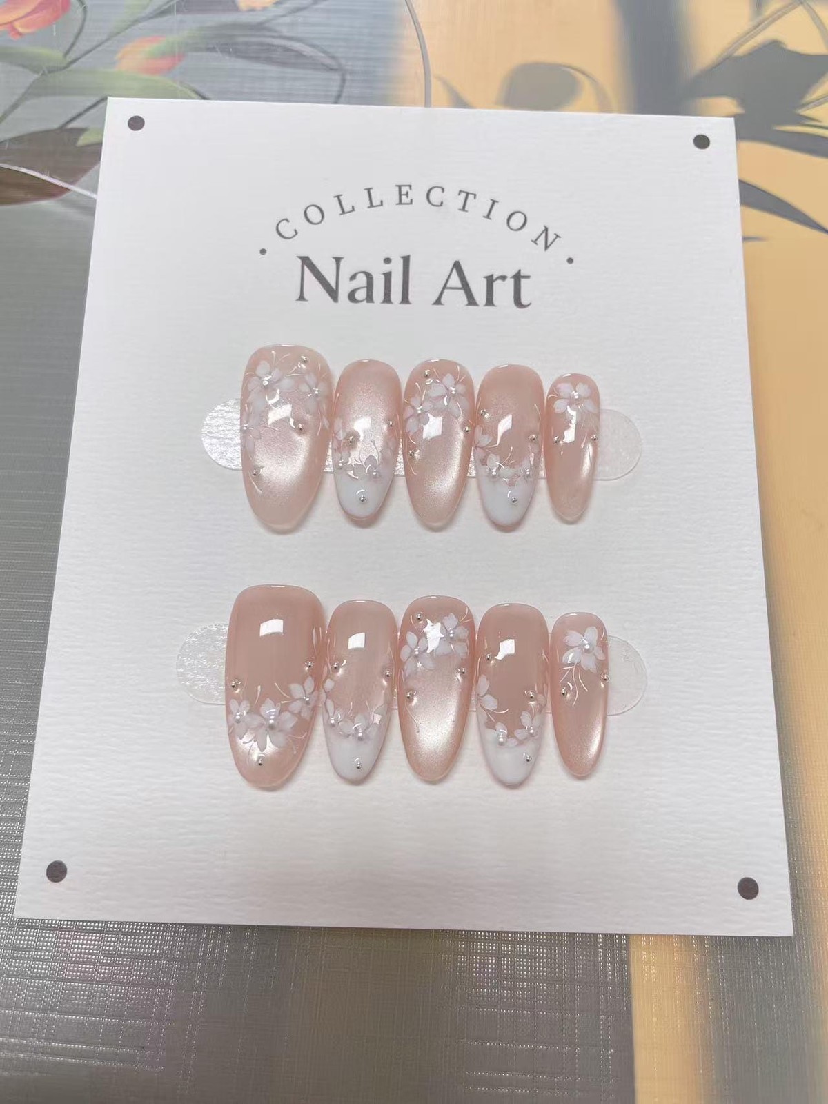 Custom Pure Handmade Nails Nude Pink Shimmer Flower Pearl Gentle Manicure