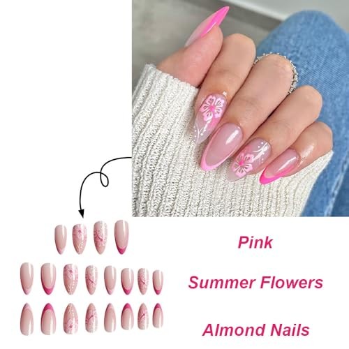Pink French tips Press on Nails Medium 1 Fl Oz (Pack of 1) Almond Flower-2