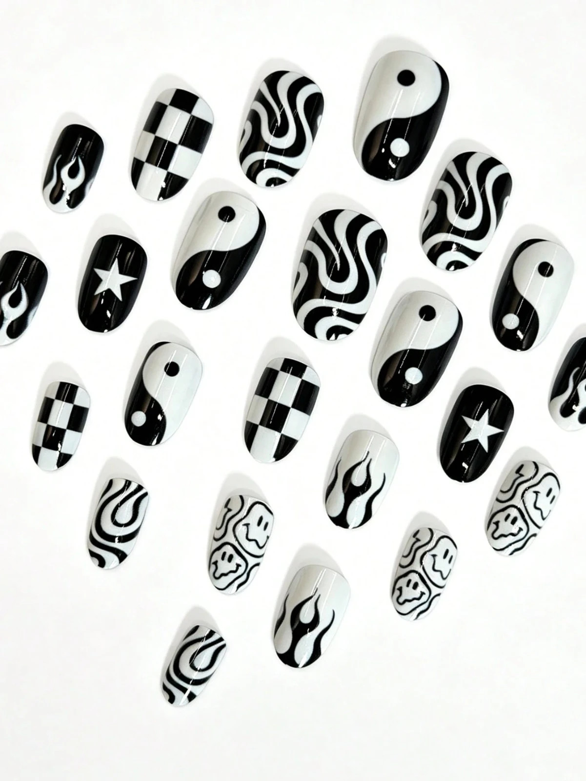 24PCS Y2K Alien Press On Nails Short Oval UFO Rainbow Space Full Cover Reusable
