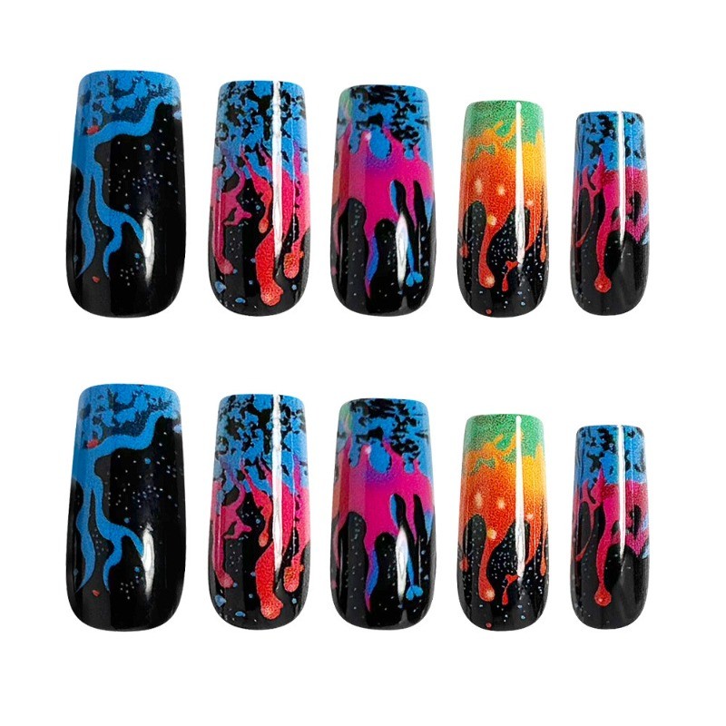 48pcs-Glow-in-the-Dark Fake Nails with Neon Drip Art and Galaxy Sparkle Details