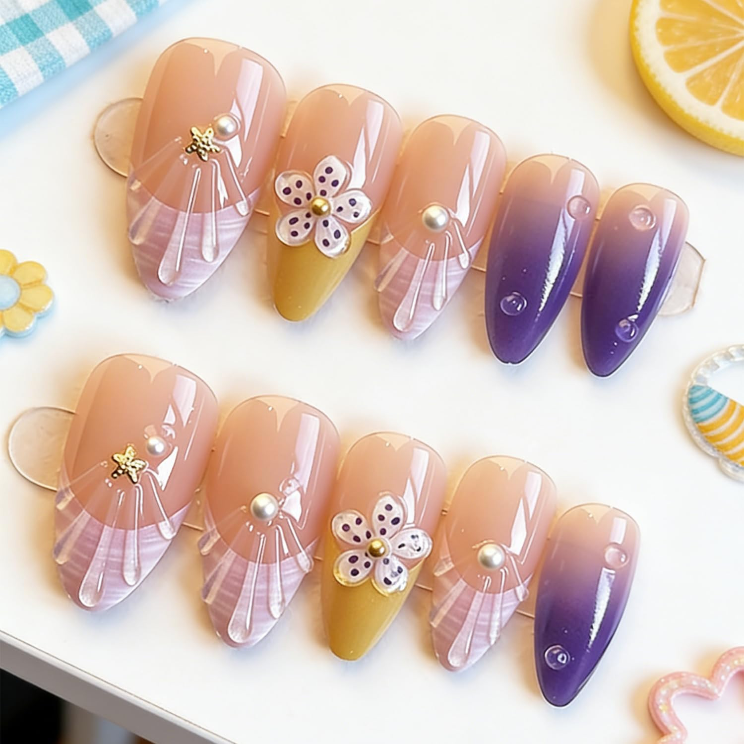 24Pcs Summer Beach Press on Nails Medium Almond Fake Nails Purple French Tip wit