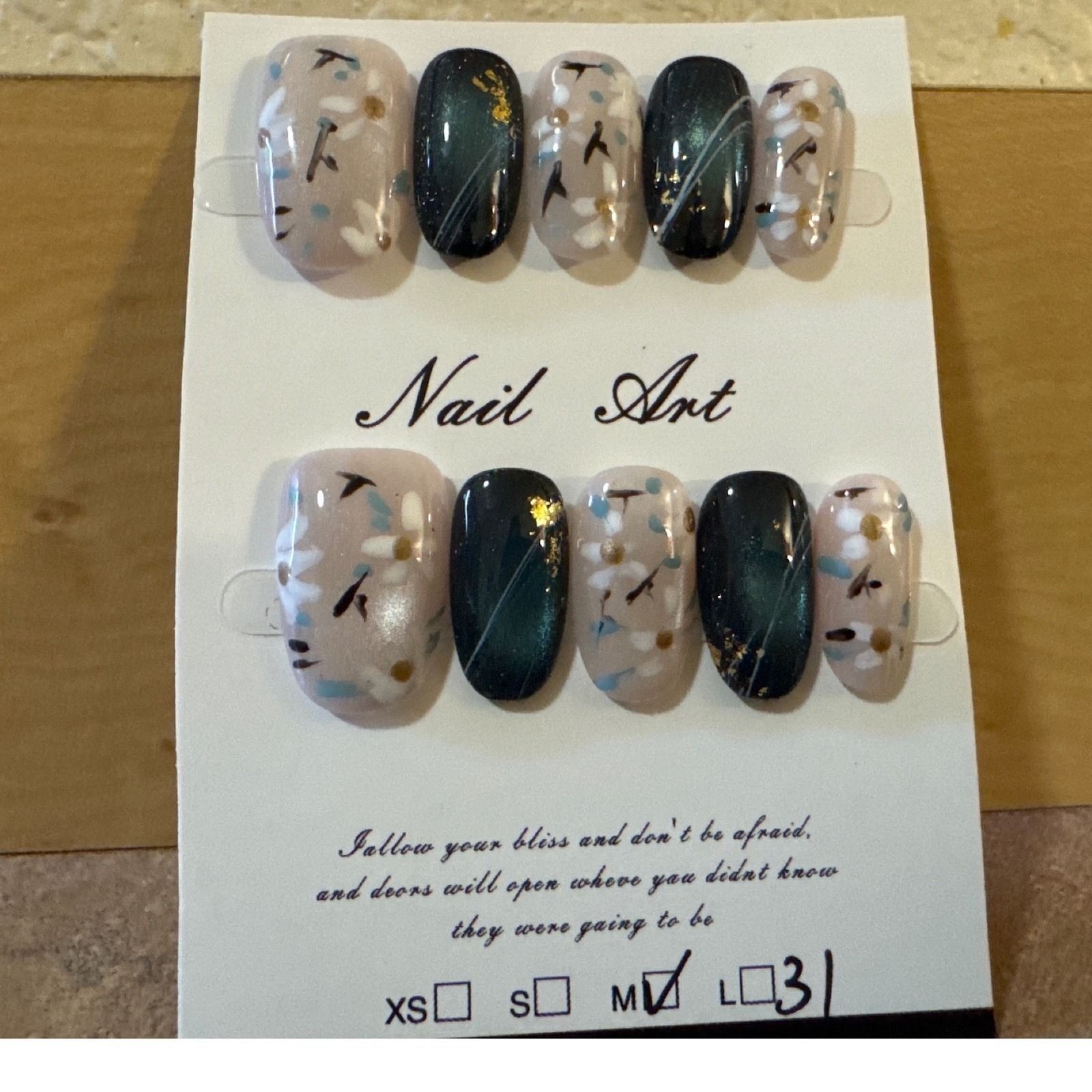 Floral Press On Nails Teal Cat Eye Gold Foil Accents Medium Almond Set 10pc