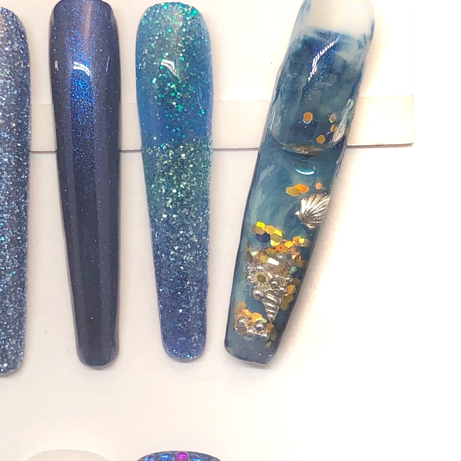 Custom Handmade Press On Nails 2X Long Coffin Blue Summer Ocean Beach Nails