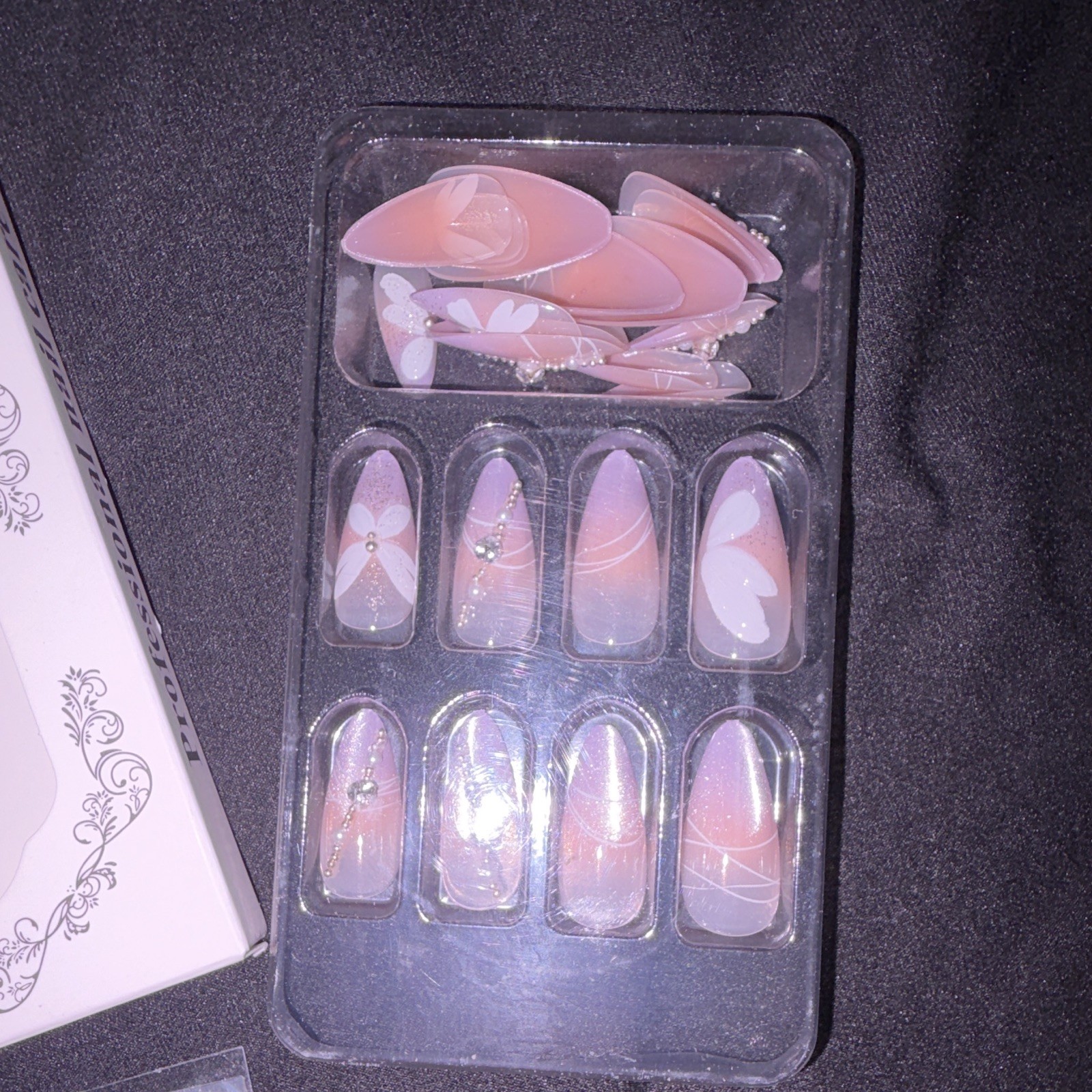 Press-On Nails Pink White Butterfly 3D Medium Almond ABS Plastic Glue Included