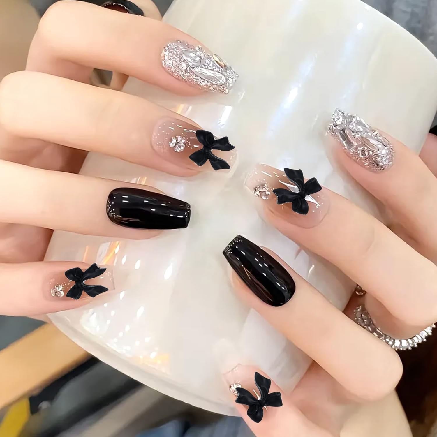 50pcs 3D Bow Nail Charms Black Resin Rhinestone Nail Art DIY Decorations