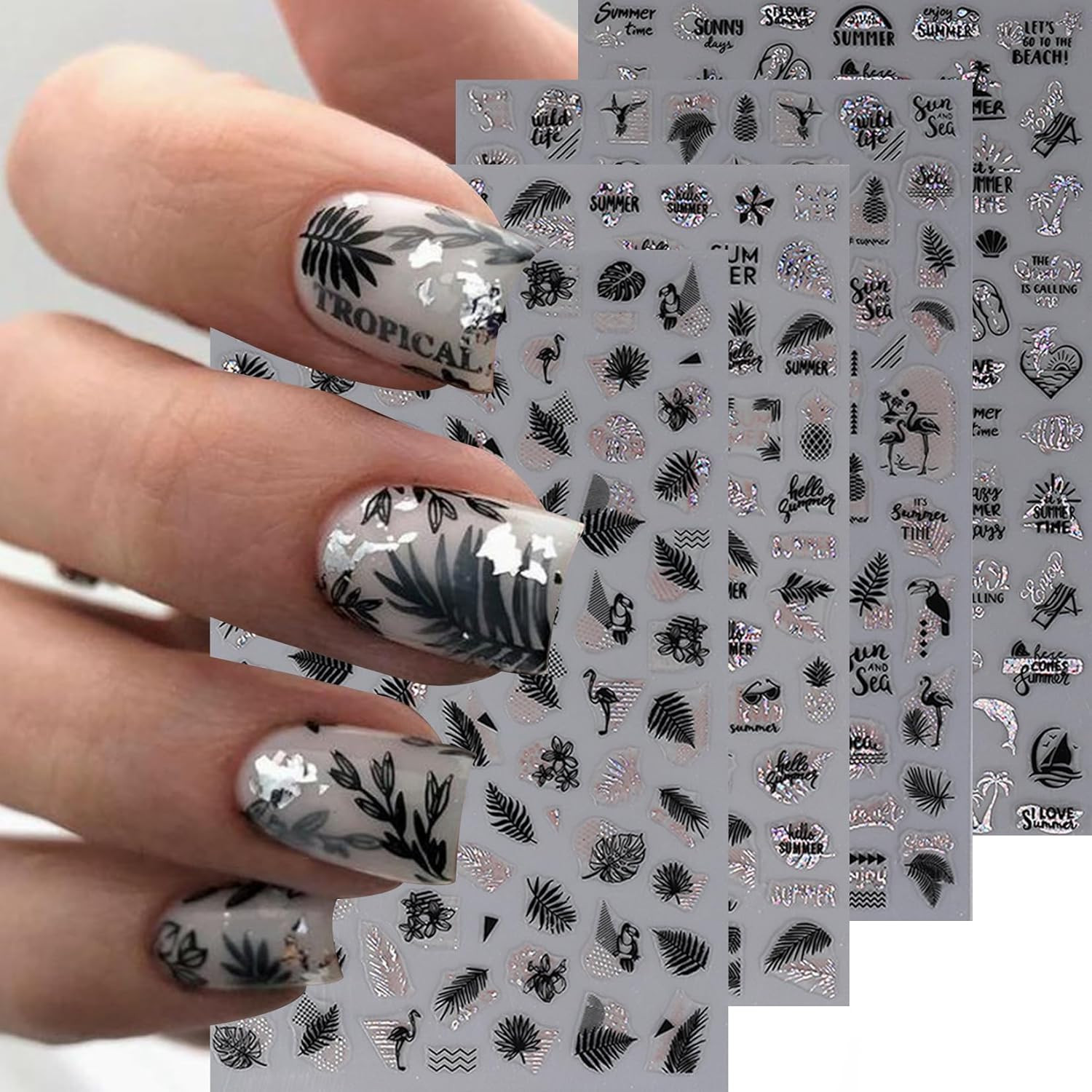 Leaves Nail Art Stickers 12 Sheets Metallic Gold Silver Palm Leaf Flamingo Na…