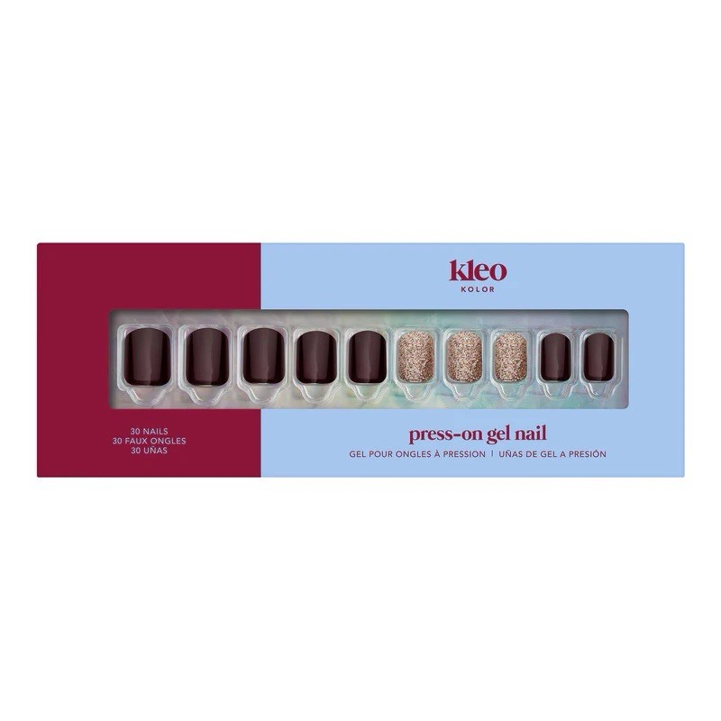 Kleo Kolor 30 Press-On Gel Nails~RETIRED Mocha Mood~Brown & Gold~Short Square