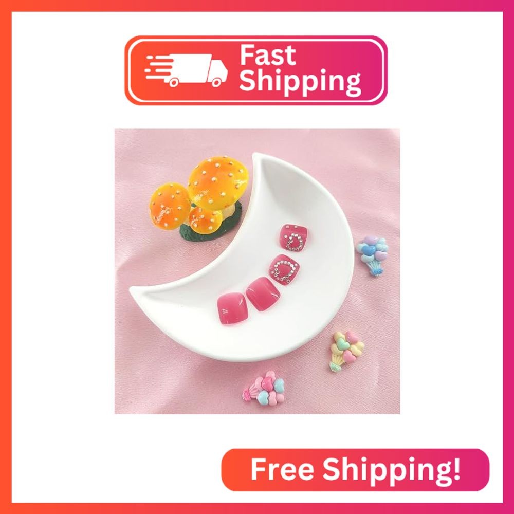 Valentine’s Press on Toenails Square Toe Nail Glue on with Heart Rhinestones Des
