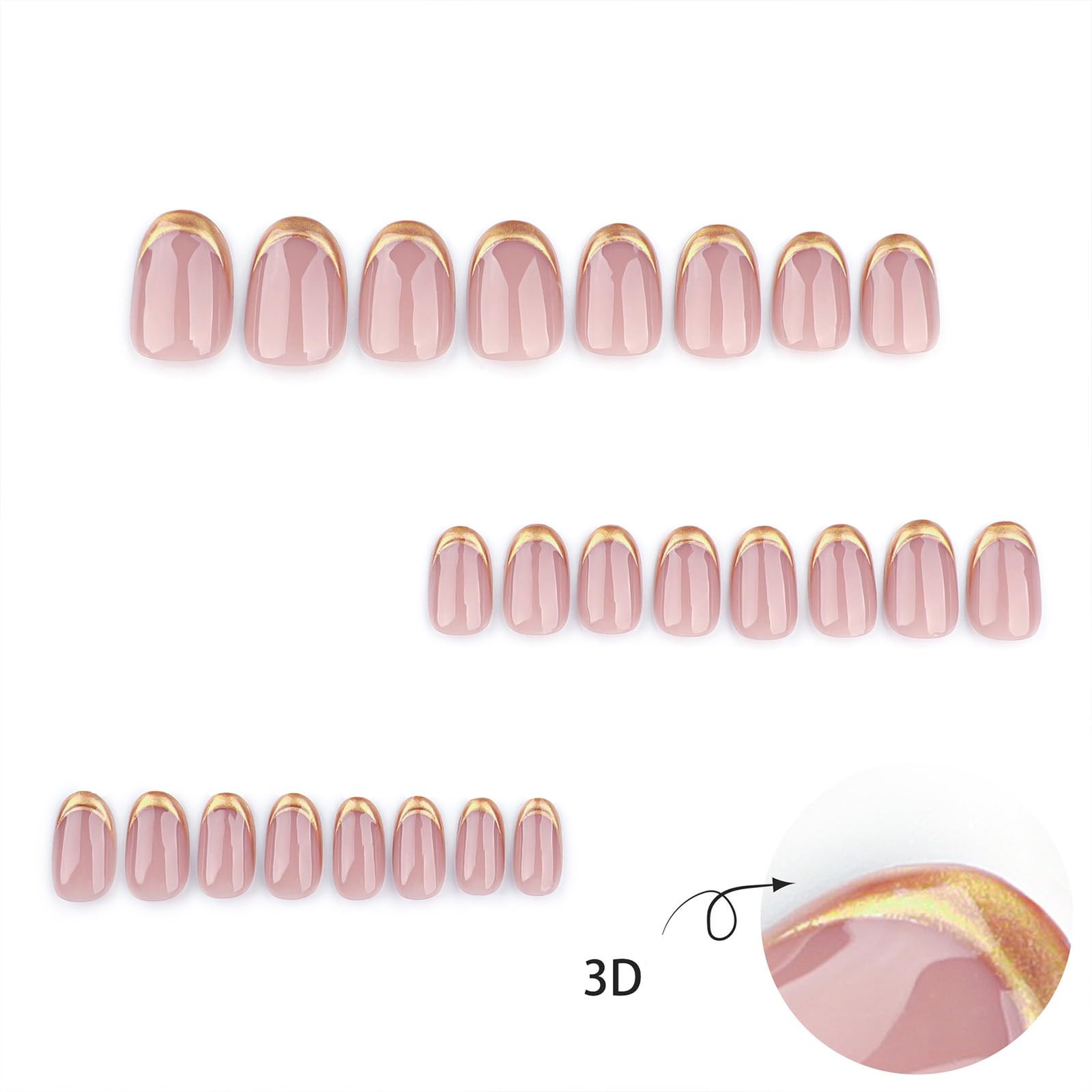 Gold French Tip Press on Nails Short Almond Fake Glossy Short, Style 8