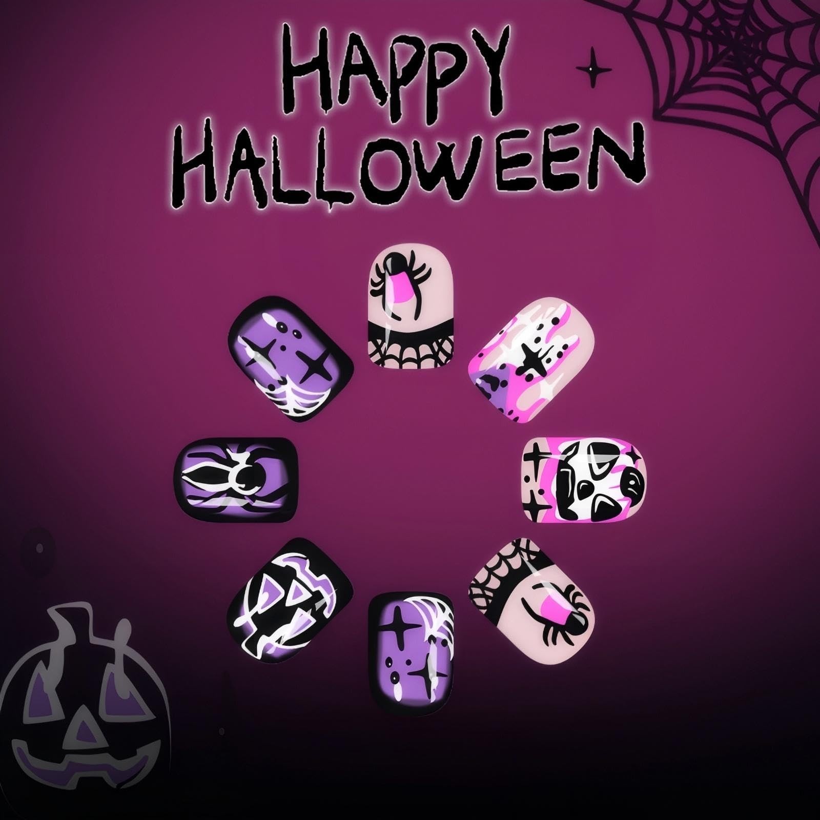 Short Square Press on Nails Halloween Fake Nails Spider French Tip Design Fal…