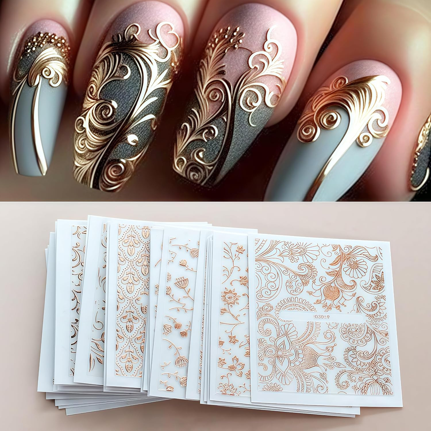 30 Sheets Lace Flower Nail Art Sticker 3D Self-Adhesive Hollow Rose Golden Lace