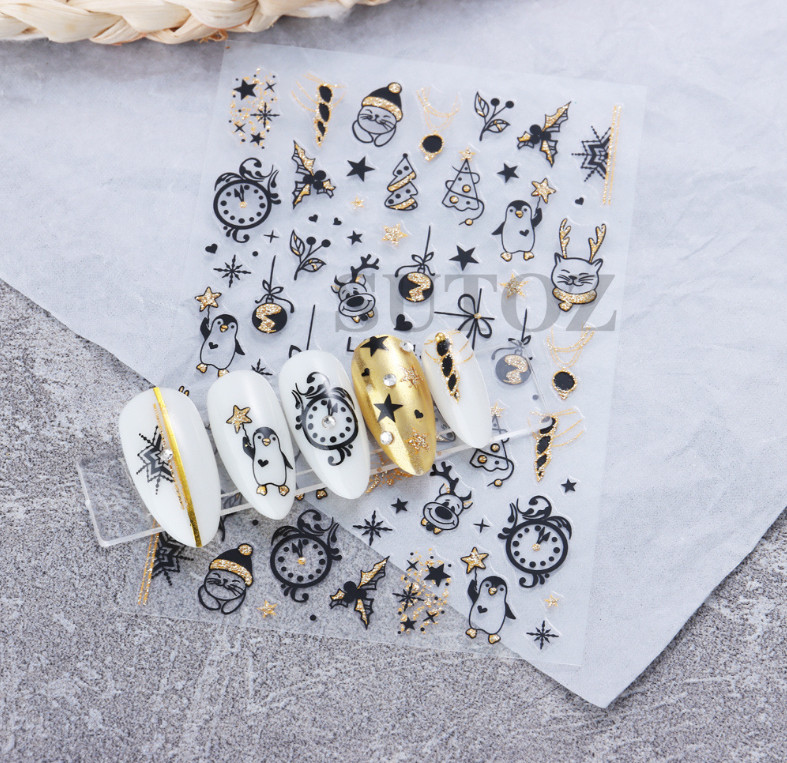 Glitter 3D Gold Black 2023 New Year Clock Time Cat French Nail Art Stickers NH21