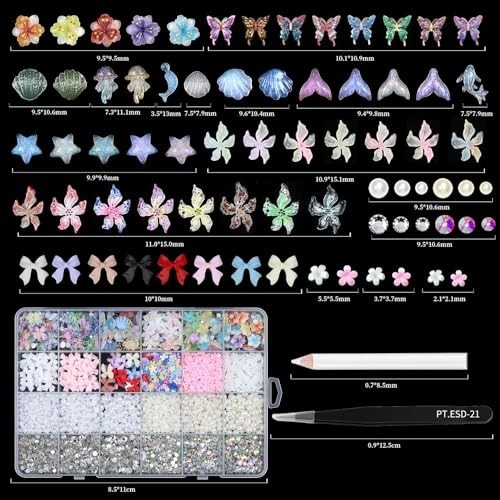 24 Grid Colorful Nail Charms – 3D Flowers, Butterflies, Ocean Stars, Rhinestones