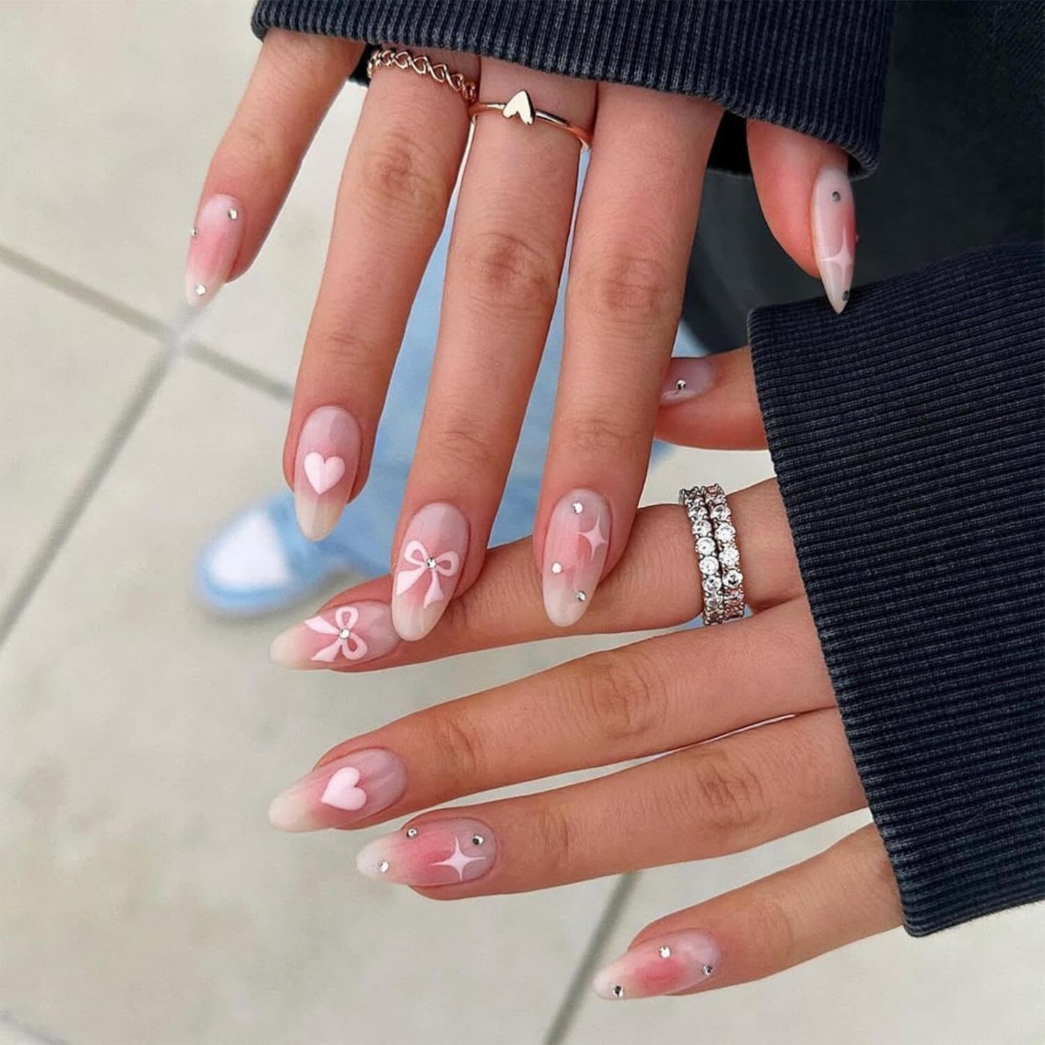 White French Tip Press On Nails Medium Almond 5D Flower Pearl Fake Nail Set