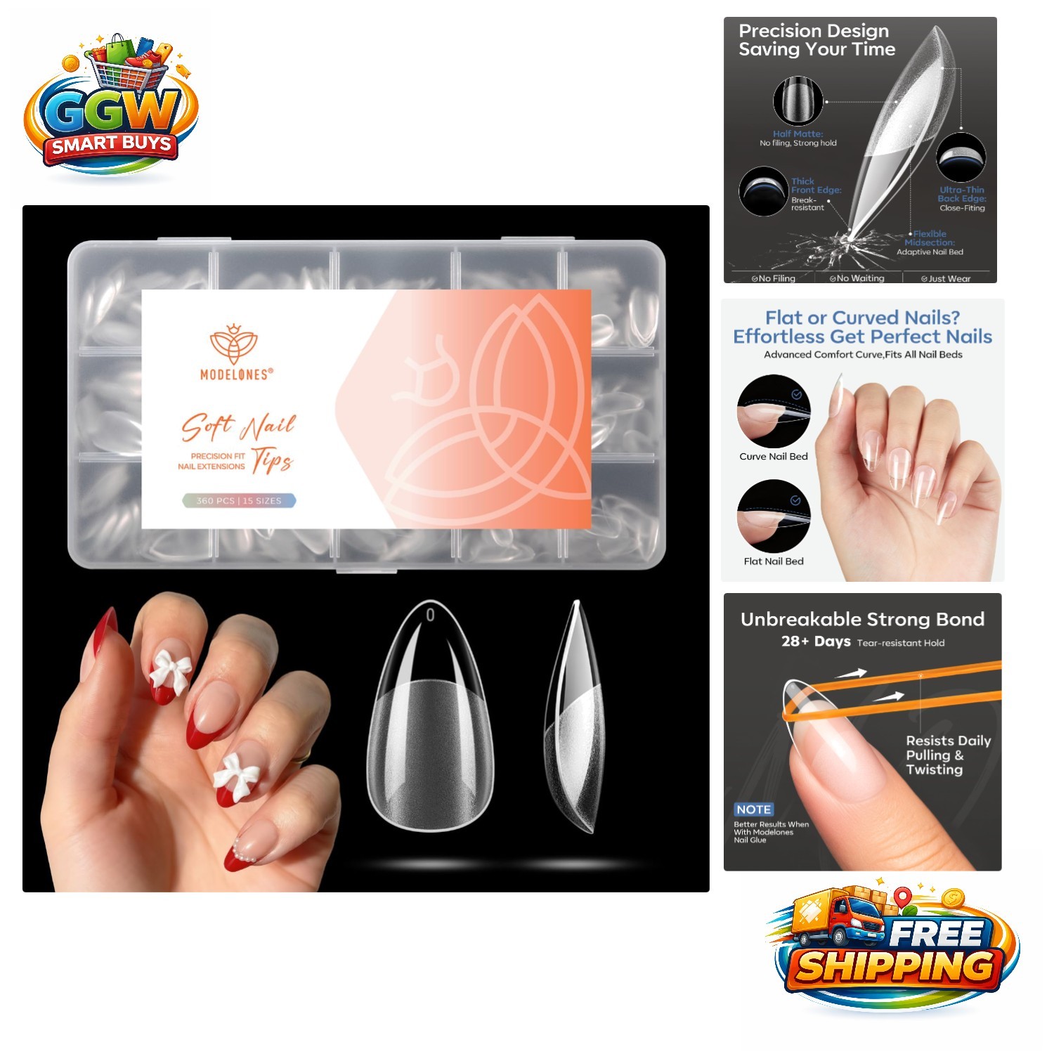 360pcs Short Almond Nail Tips – Pre-Etched Half Matte Acrylic Gel for DIY Ele…