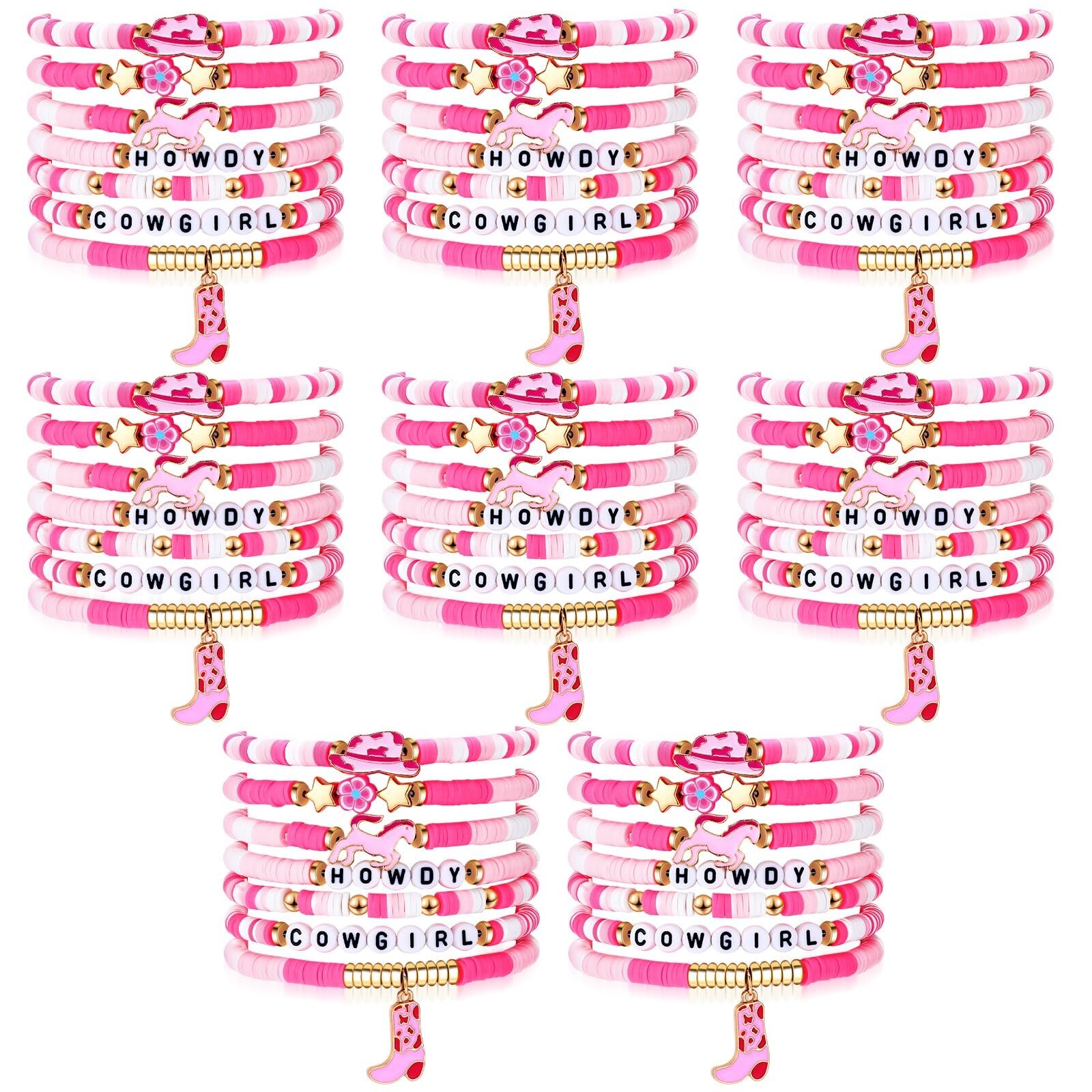 56 Pcs Pink Cowgirl Heishi Bracelets Western Cowgirl Stackable Rainbow Clay B…