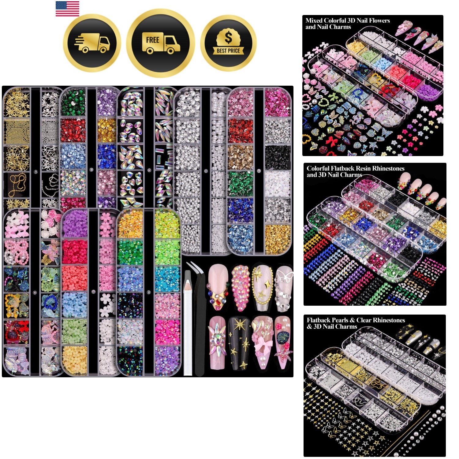 8 Boxes Nail Charms and Gems for Manicure, Flat Pearls Nail Flowers Nail Rhin…