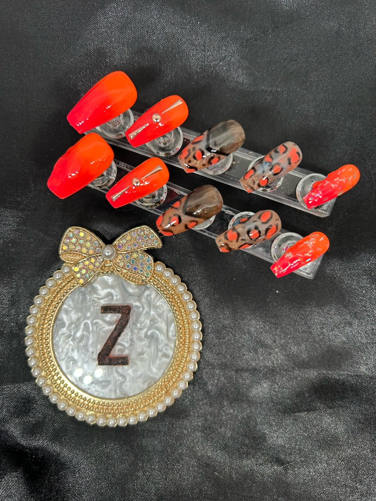 Z NAILZ! Handmade M Coffin Neon Orange With Animal Print Press On Nails