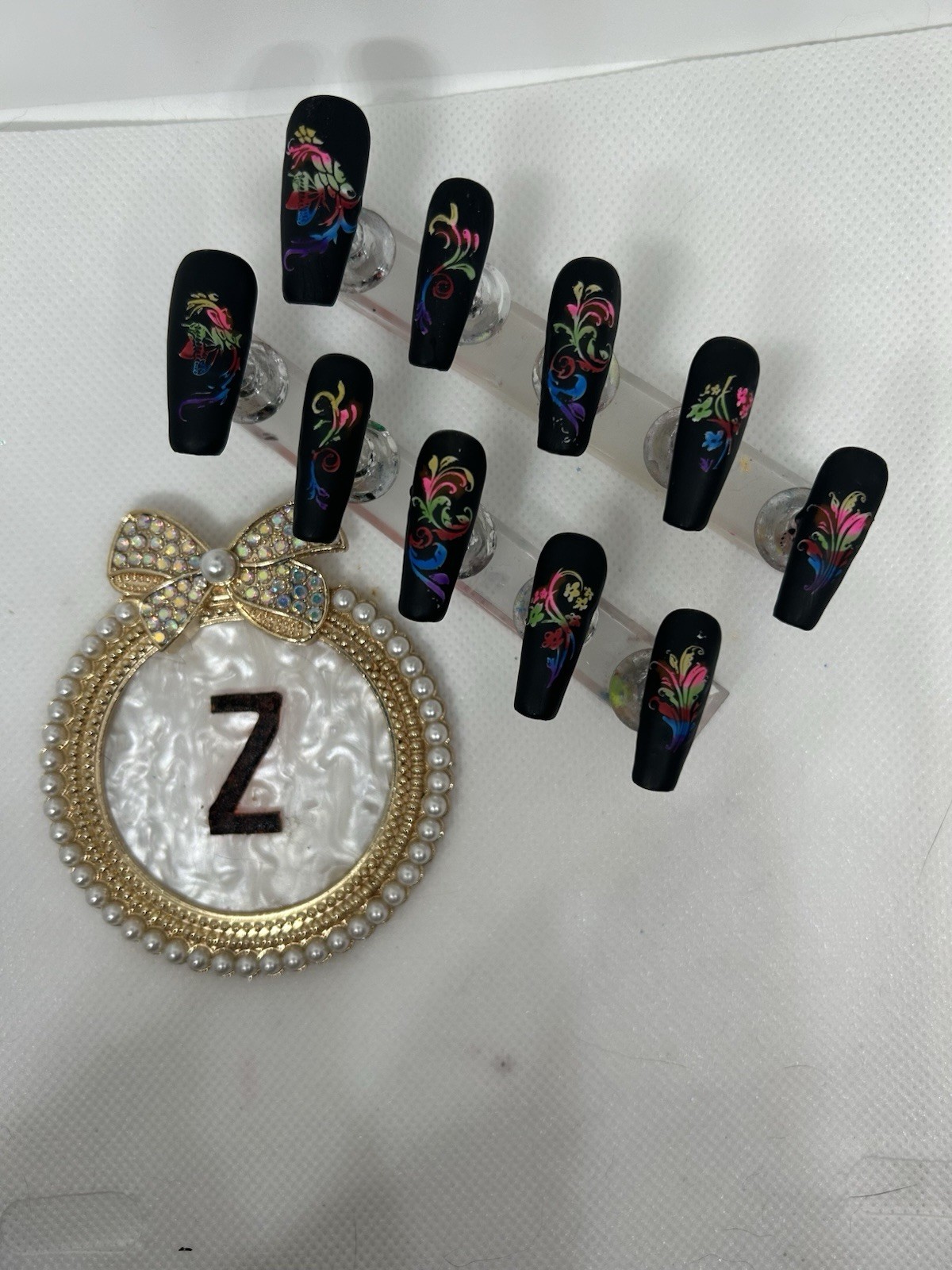 Z NAILZ! Handmade Matte Black M Coffin White W/Rainbow Scroll Designs Press Ons