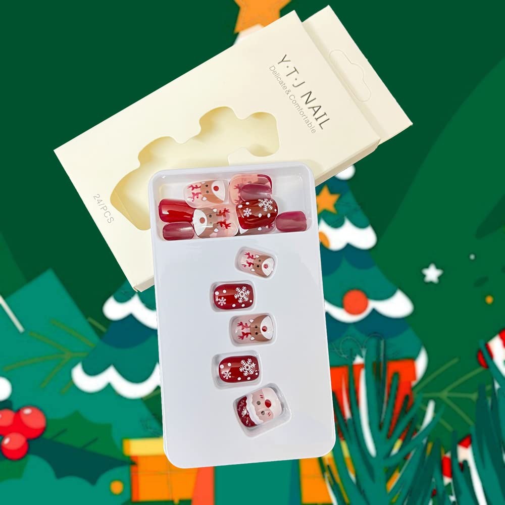 Christmas Short Square Press on Nail Snowflake Red Fake Nails Glitter Elk Sno…