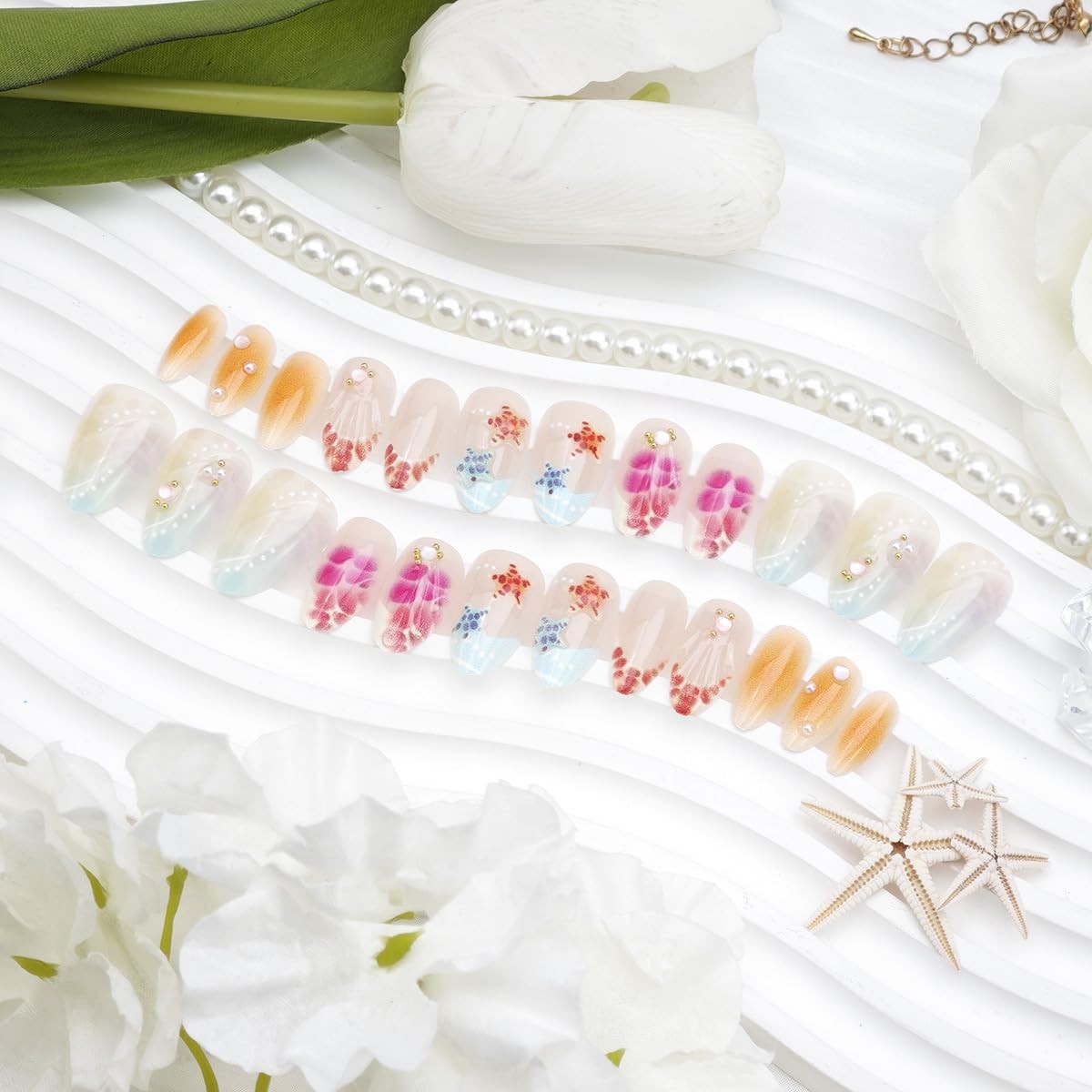 30Pcs Summer Beach Press on Nails Short Almond Fake Nails 3D Shell Starfish ＆…