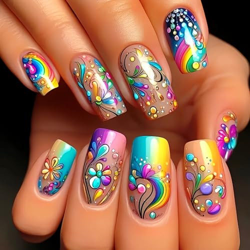 24 Pcs Square Press on Nails Medium Length Fake Nails Colorful Flower Style-A13