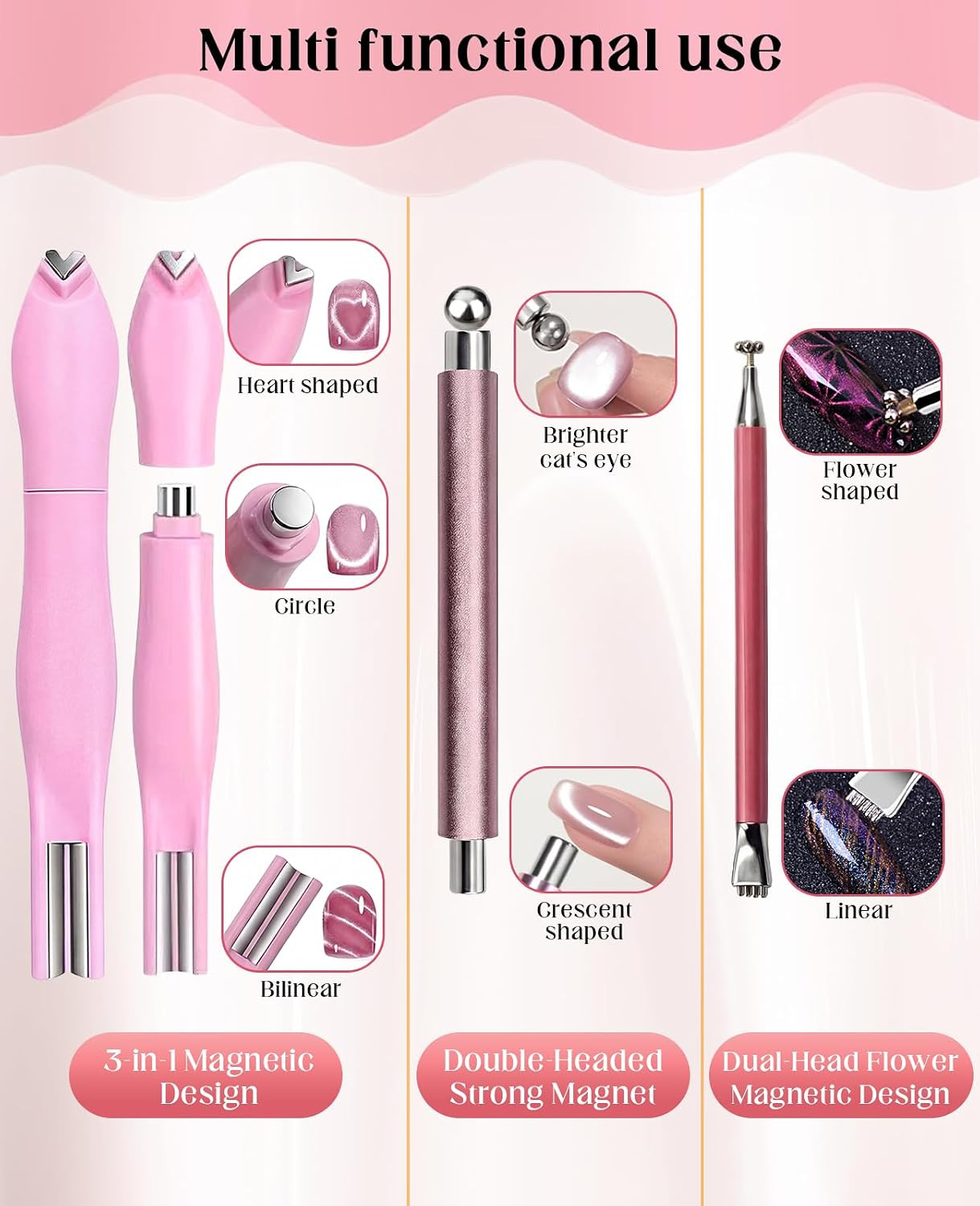 15 PCS Double-Head Heart Cat Eye Magnet for Nail, Multifunctional Flower Nail
