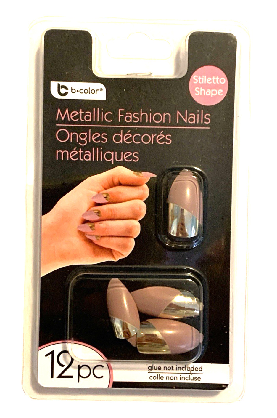 B-COLOR Brand Metallic Fashion Nails Stiletto Shape Glue not Included 12 PC