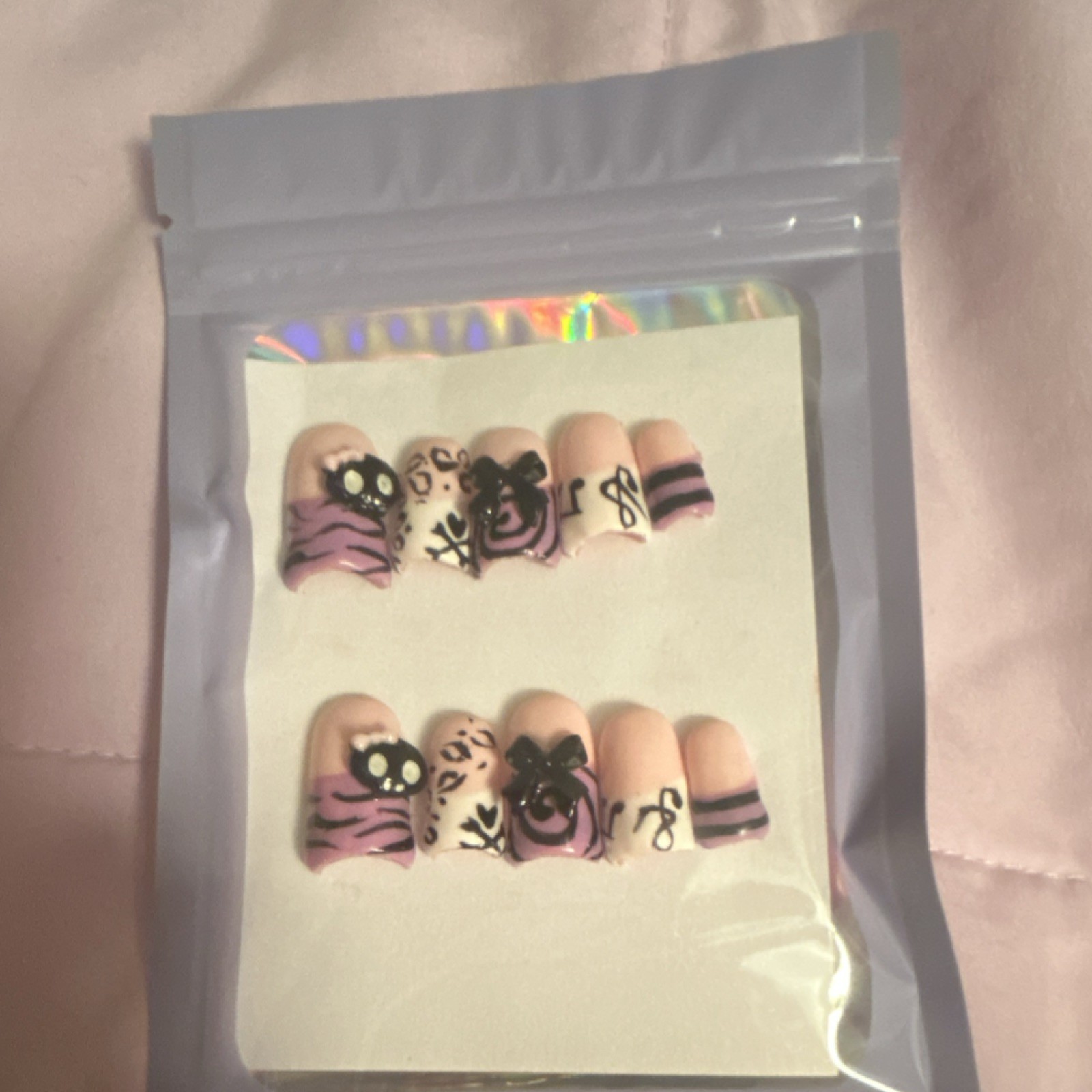 3D Pink Black White Square Press-On Nails Full Cover Bow Animal Print Set