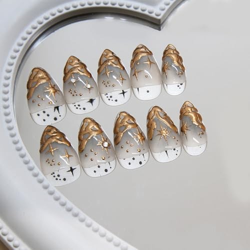 24 Pcs Fall Winter Press on Nails Short Almond – Clear Fake Nails Design A10
