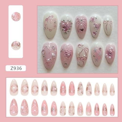 Pink Press on Nails Short Almond Fake Nails 3D Heart Pearl Bow Fake Nails-1