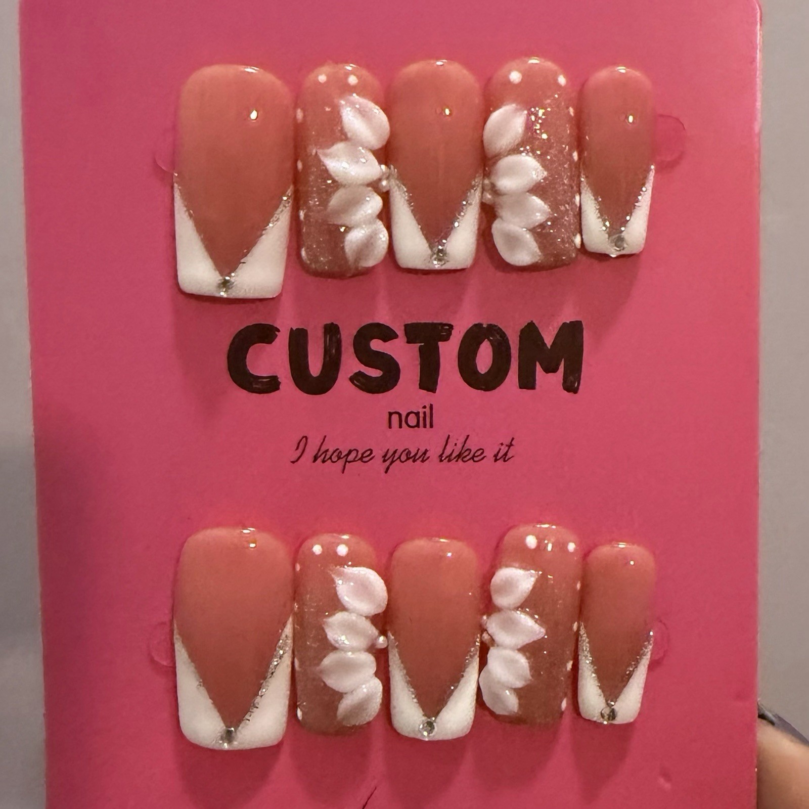 Pink White French Floral Square Press-On Nails Pre-Designed Set Medium