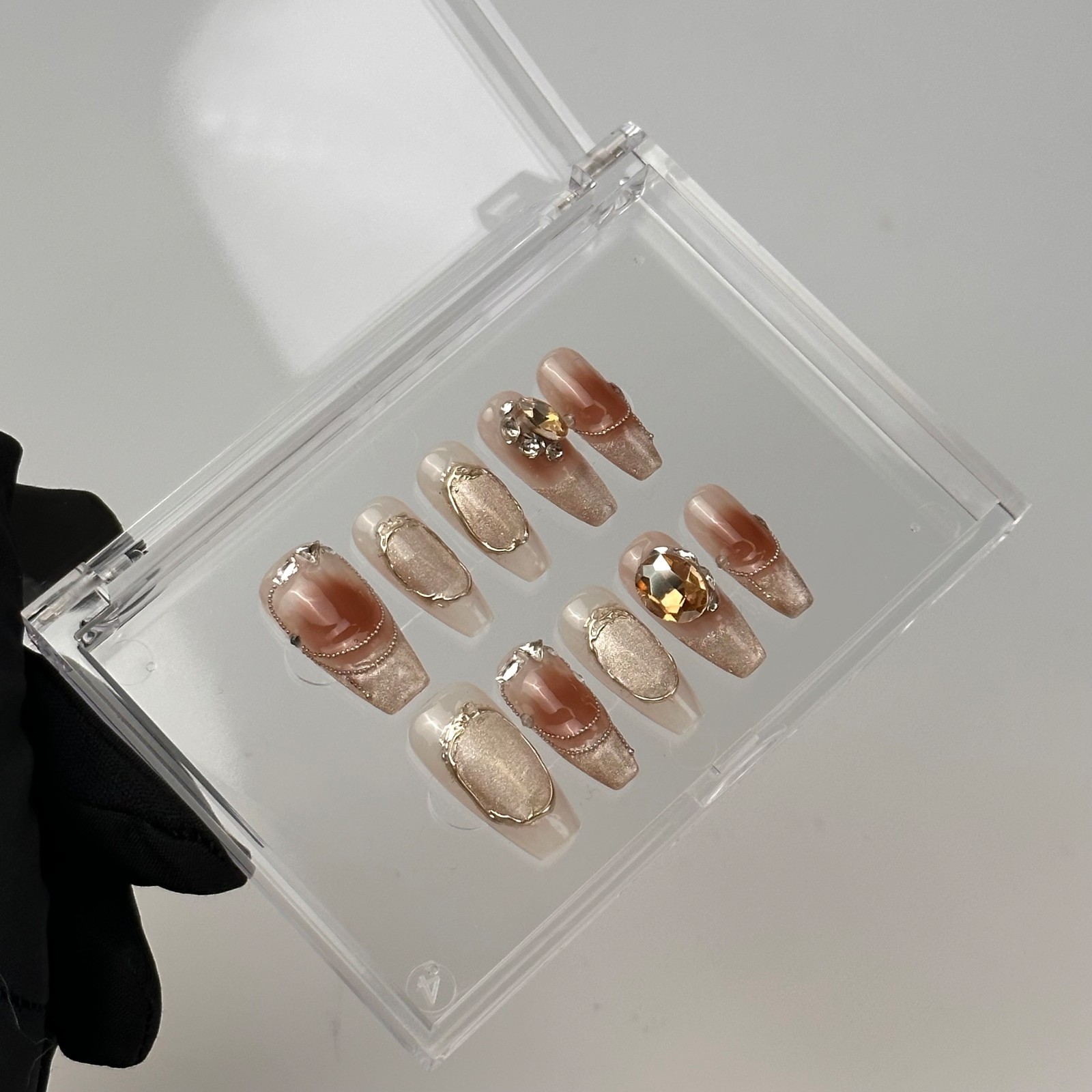 Marble Brown Cat Eye Amber Press On Nails, 3D Gold Luxury Handmade Nail Set