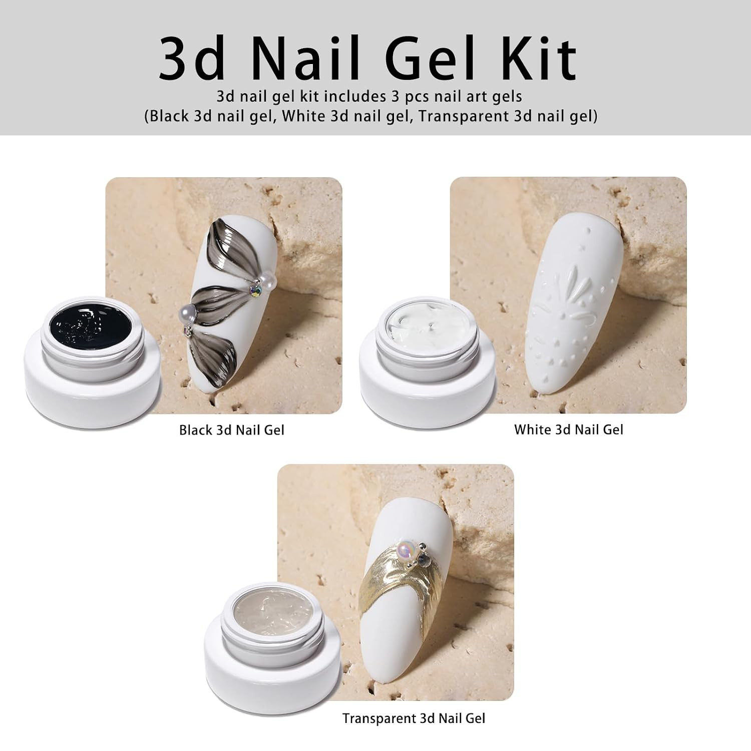 3Pcs Solid 3D Nail Sculpting Gel for Nail Art, White Black Clear 3D Nail Art Gel