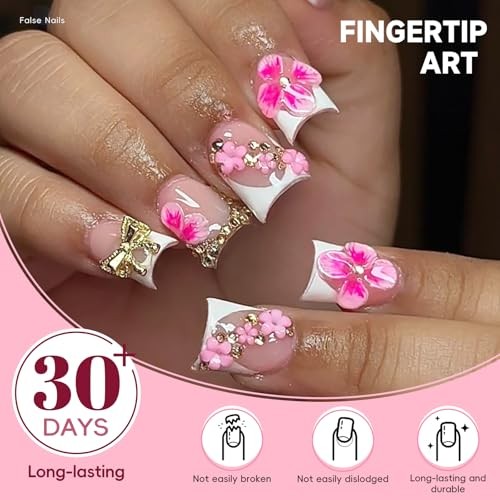 HOSAILY 3D Hot Pink Flower Summer Beach Press on Nails Short Pink Flower Duck