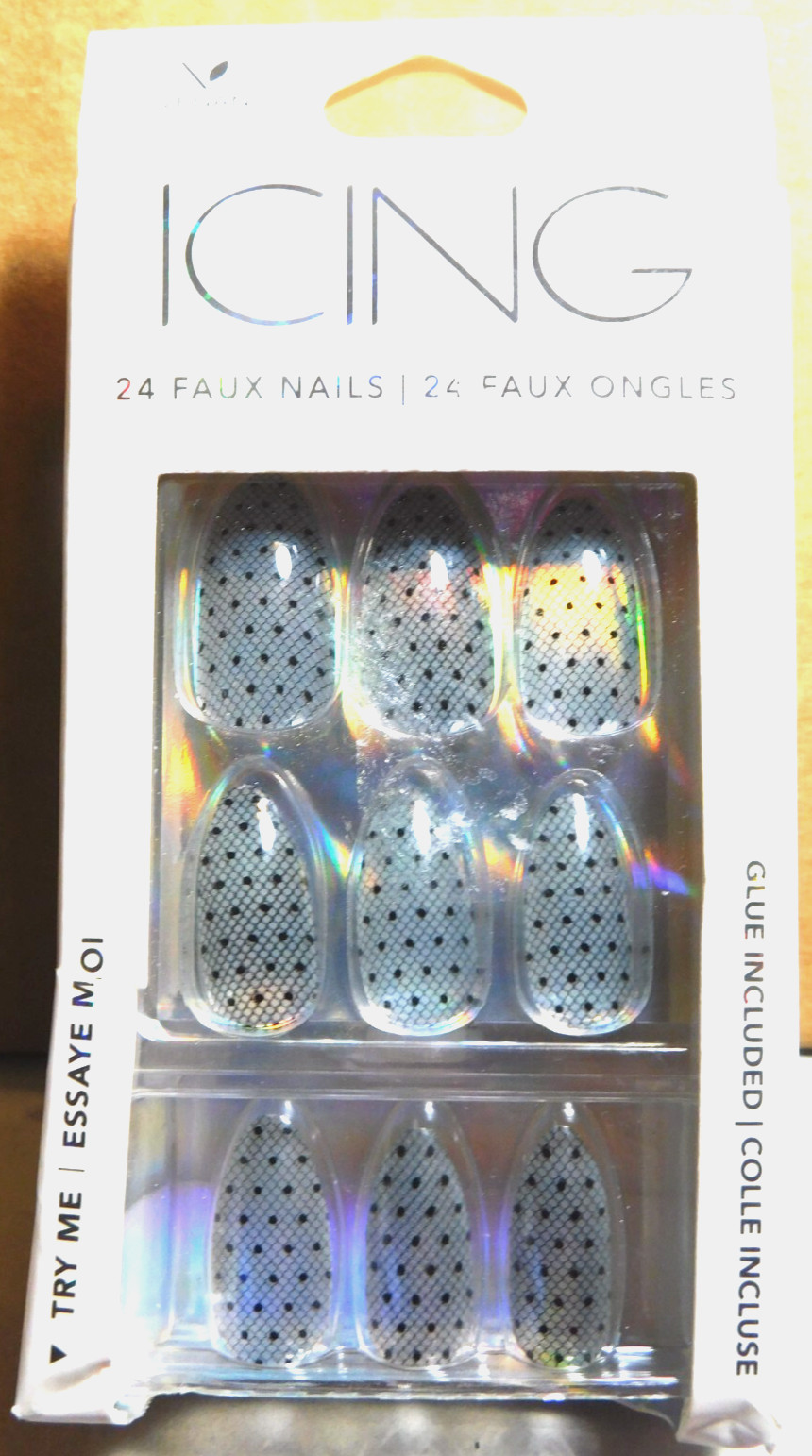CBI Distributing Corp.~Icing 24 Faux Nails Vegan OA.AN Clear & Black Webs & Dots