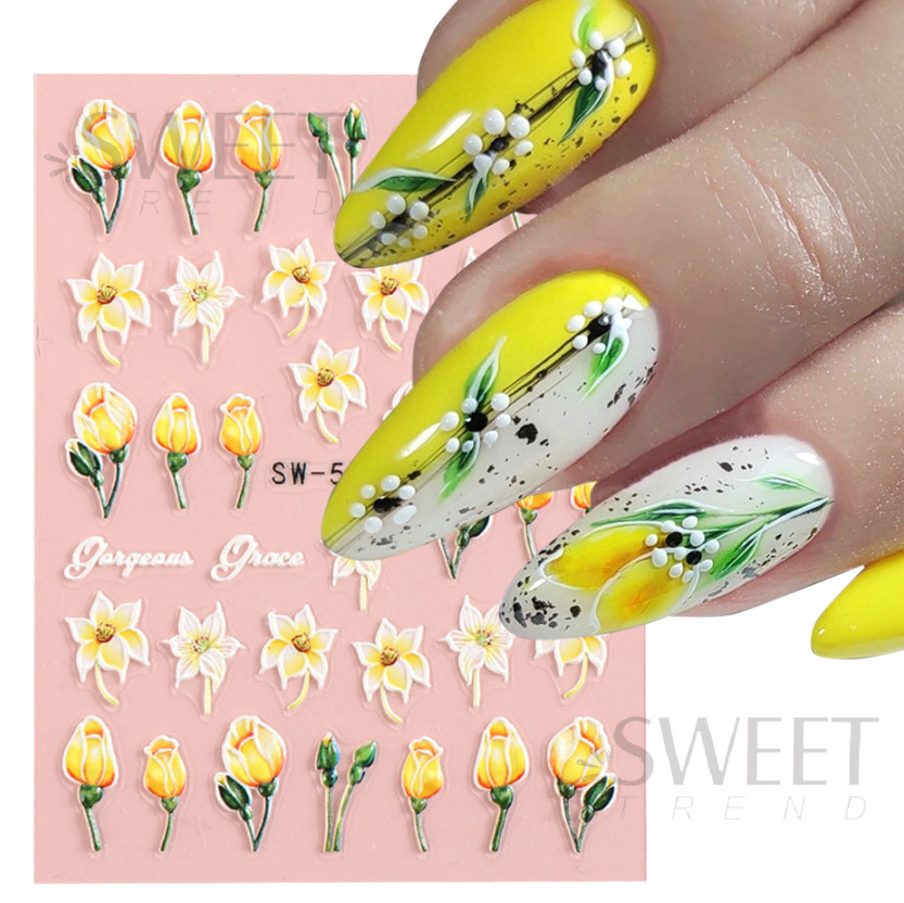 5D Embossed White Daisy Tulip Butterfly Camellia Flower Nail Art Stickers DIY