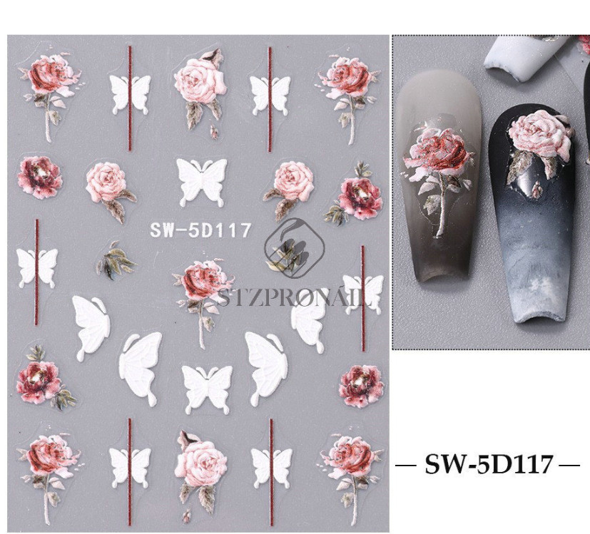 5D Embossed Daisy Tulip Butterfly Camellia Flower Nail Art Stickers Manicure