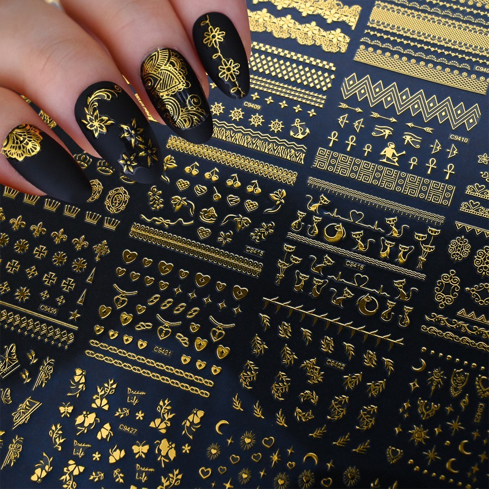 10 Sheets Nail Art Stickers Gold Lace Moon Star French Line Geometric Slider C94