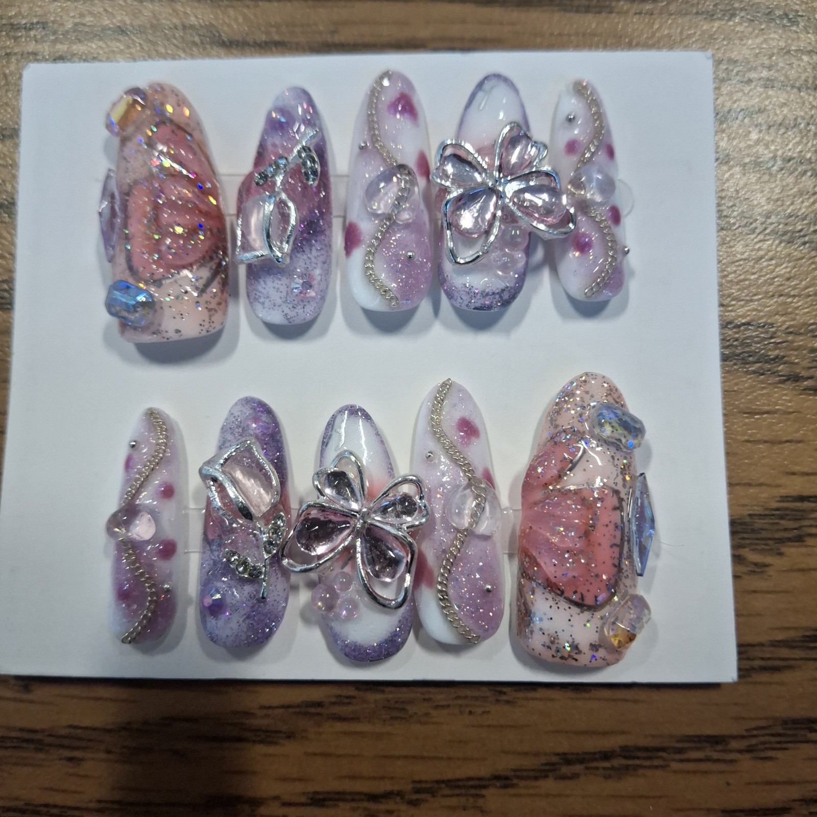 Handmade Custom Medium Press On Butterfly Nails – 3D Charms Pink Purple Silver