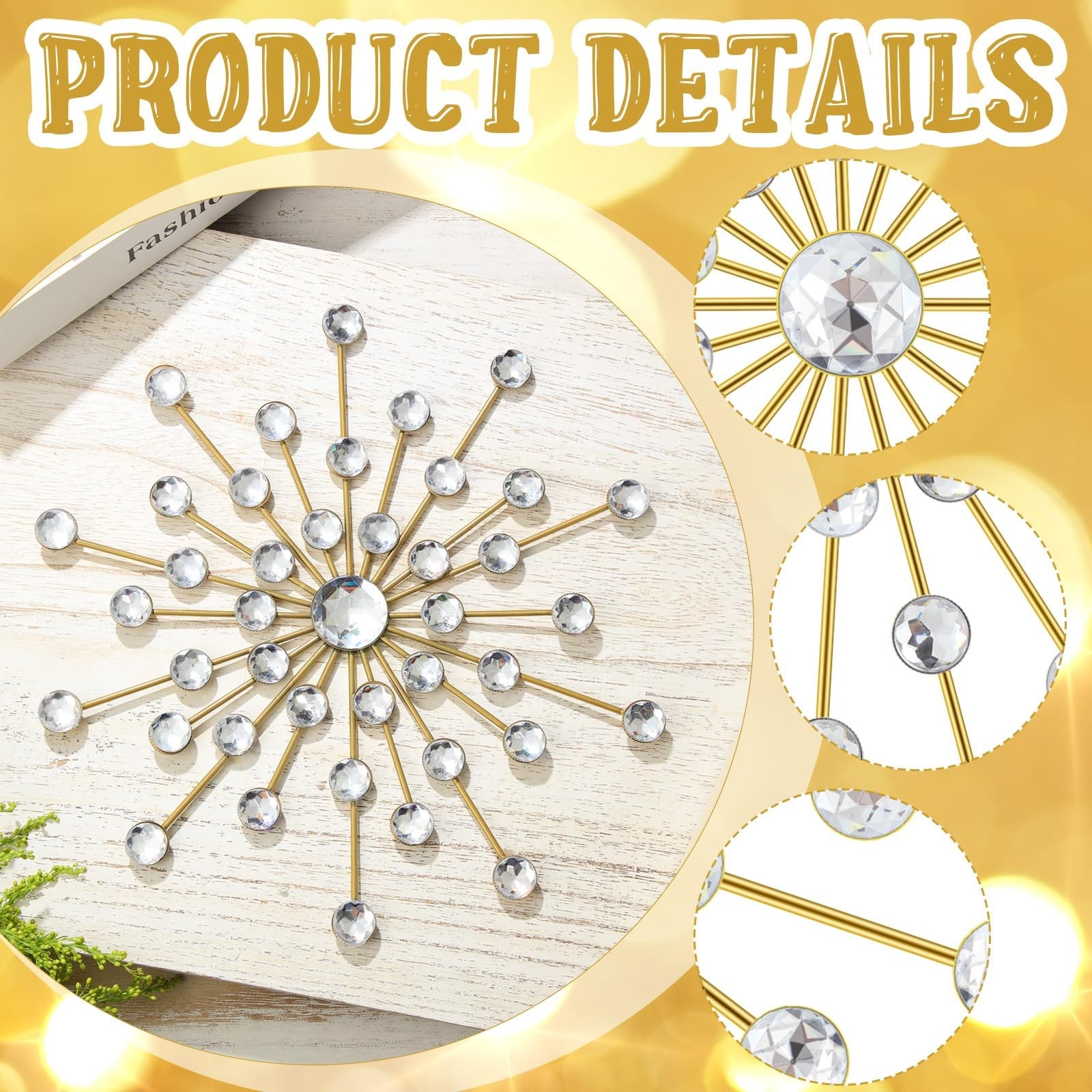 Barydat 6 Pcs Metal Starburst Wall Decor Bling Crystal Wall Art Rhinestone Su…