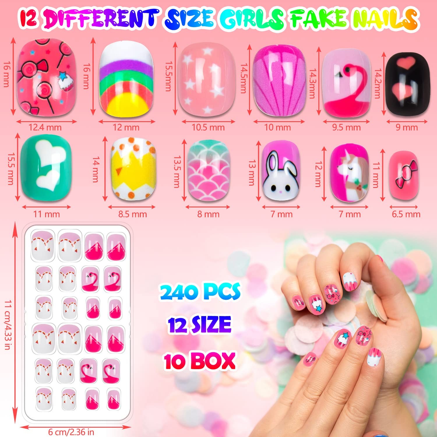 240 Pieces Fake Nails for Kids Girls Artificial Press Large, Multicolor