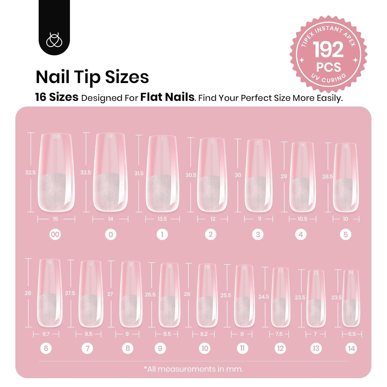 Beetles Tipex Instant Apex Nail Tips, Long Square, 16 Sizes 00–14, 192Pcs, No Bu