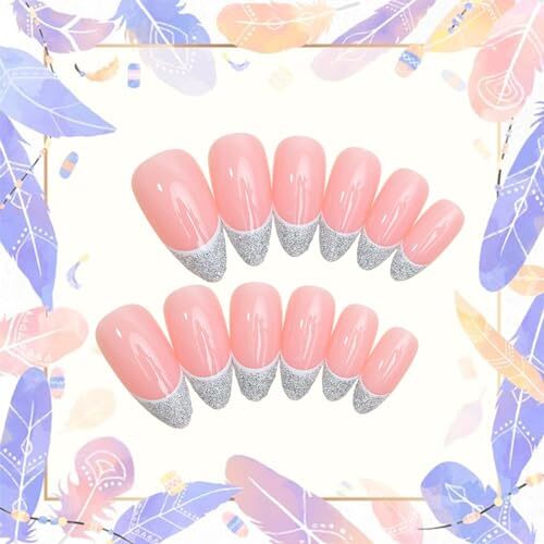 24Pcs Silver French Tips Press on Nails Medium Almond Fake Nails with french-3