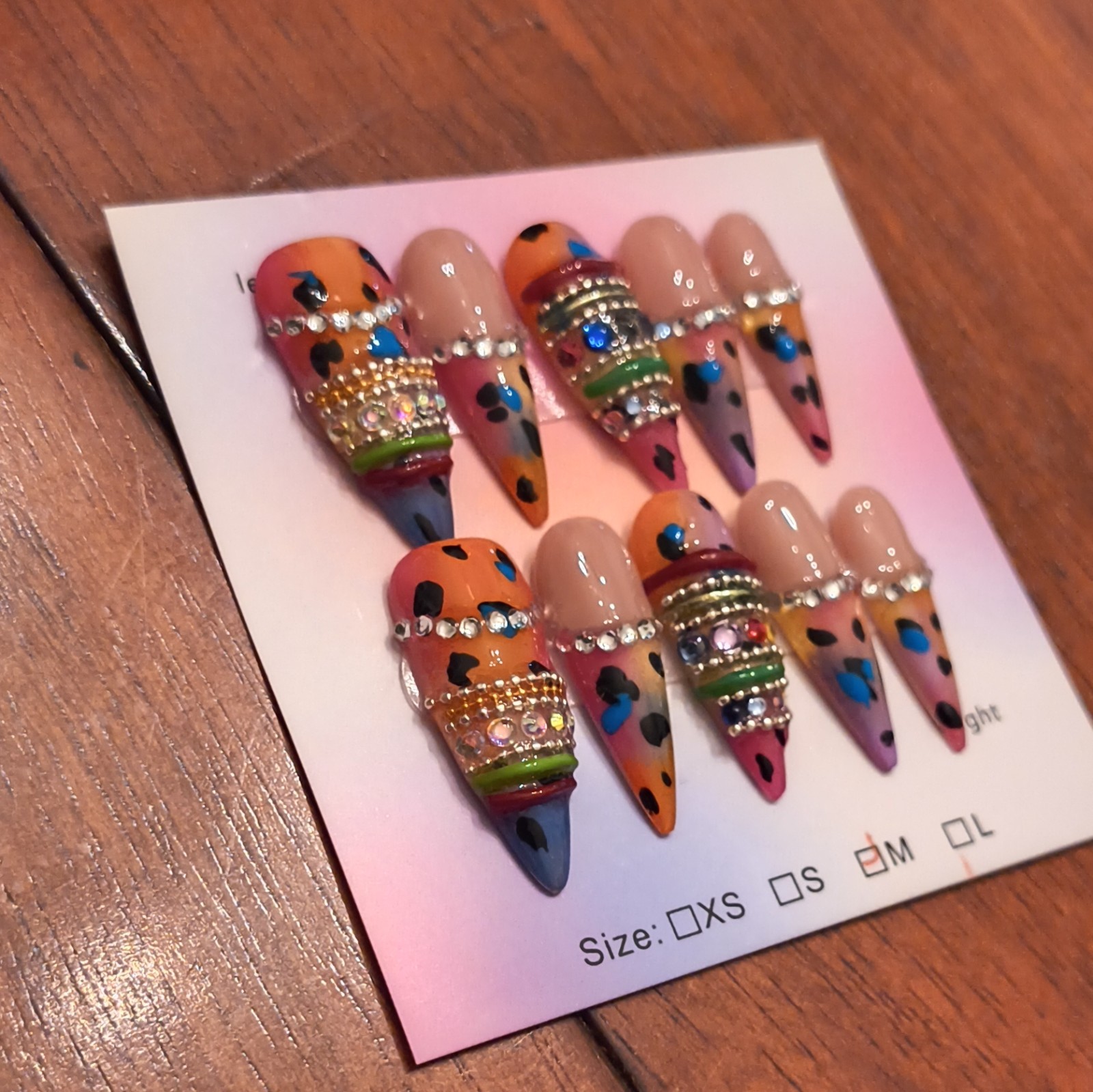Press-On Nails Long Stiletto Nude/Multicolor 3D Leopard Rhinestone Full Cover