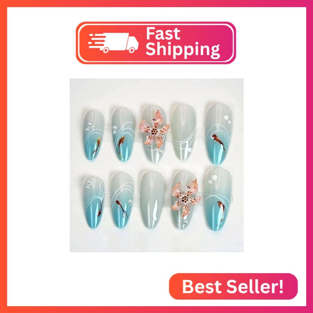 3D Tropical Flower Press on Nails Medium Almond Fake Nails Koi Blue Gradient Fre