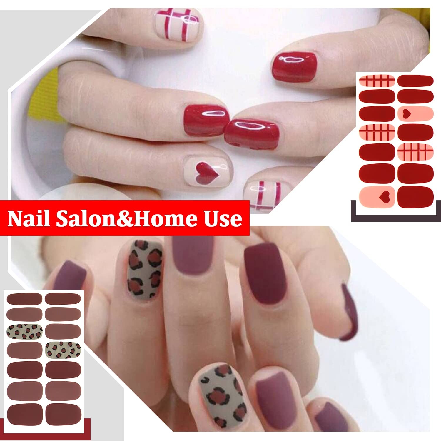 16 Sheets Nail Polish Strips Red Plaid Solid Color Nail Wraps for Women Self …