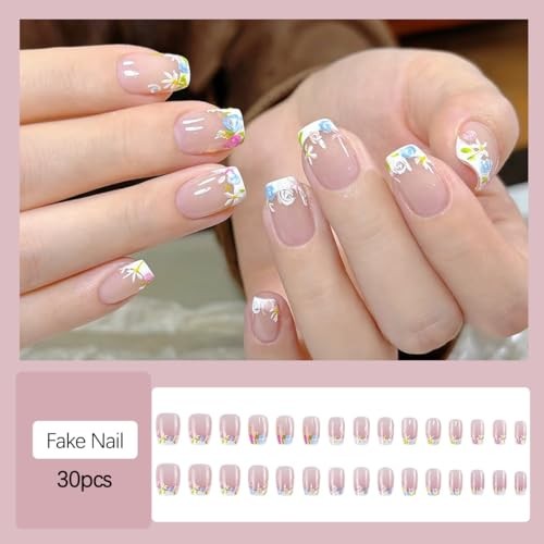 30pcs White French Tip Press on Nails Flower Short Square False Fake Nails04