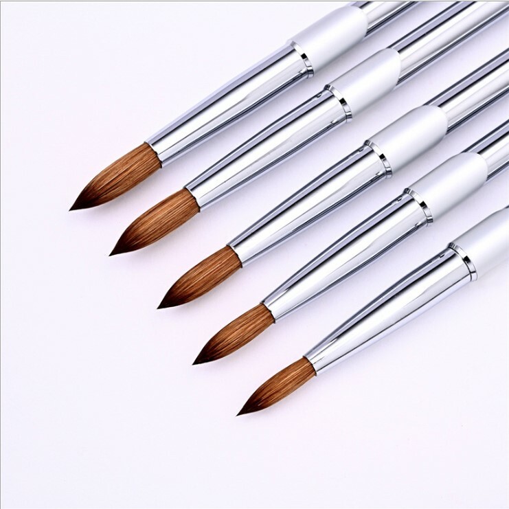 100% Acrylic Kolinsky Nail Brush Silver Metal Handle Size 8-16